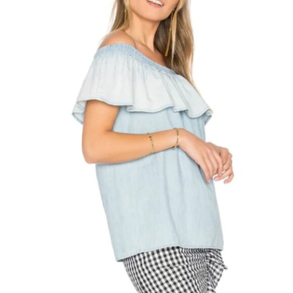 Soft Joie Off Shoulder Blouse Womens Blue Ruffle Cotton Chambray Relaxed Top - Picture 6 of 6